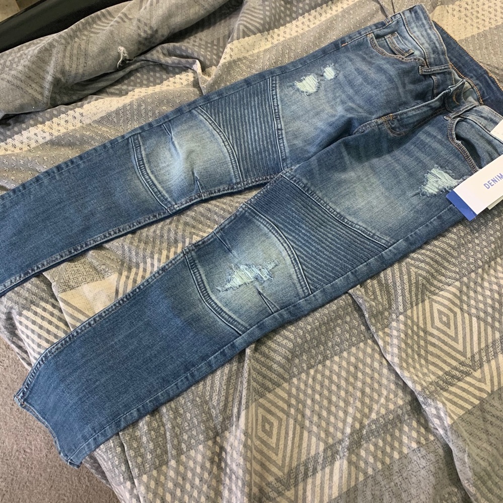 Blue denim distress jeans